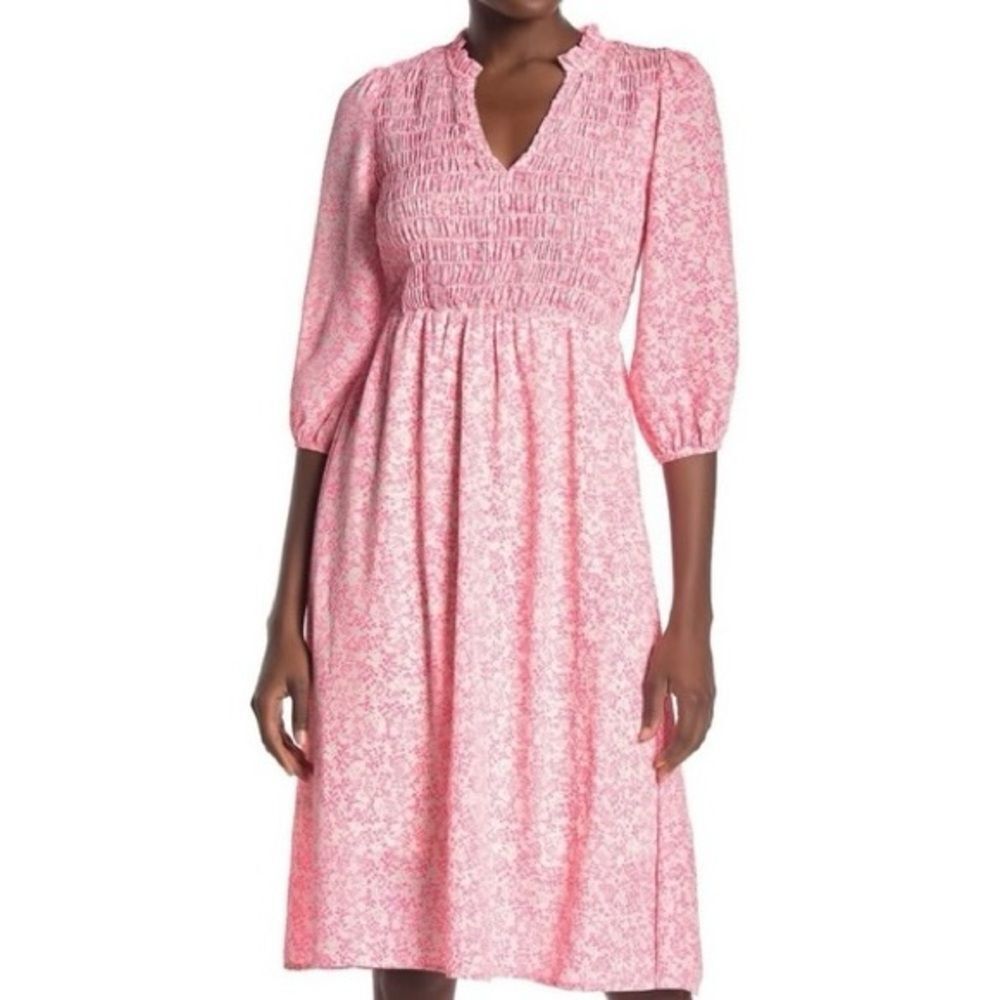 Superfoxx V-Neck Notch Neck Smocked 3/4 Sleeve Pink A-Line Dress. Large. NEW.